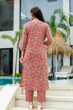 Maroon Ajrakh Print V-neck Cotton Kurta Set with Trousers and Dupatta