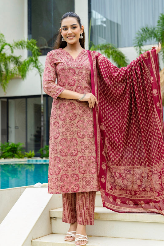Maroon Ajrakh Print V-neck Cotton Kurta Set with Trousers and Dupatta