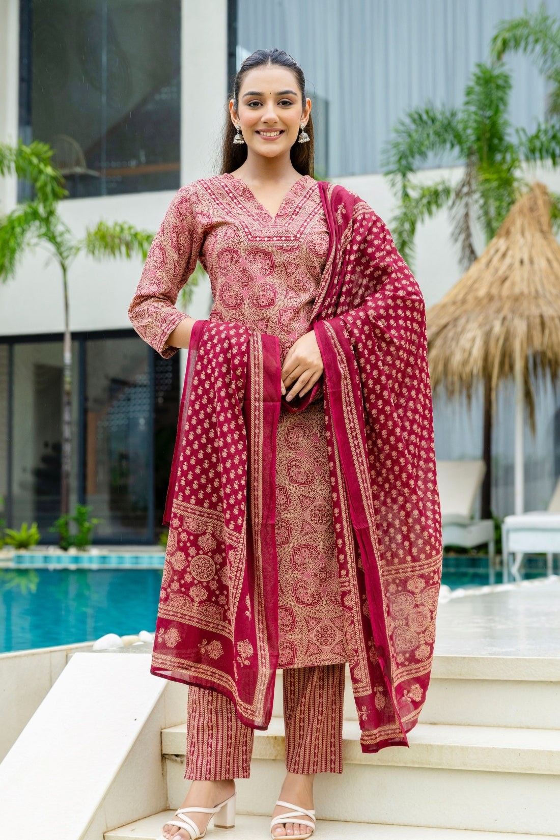 Maroon Ajrakh Print V-neck Cotton Kurta Set with Trousers and Dupatta