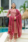 Maroon Ajrakh Print V-neck Cotton Kurta Set with Trousers and Dupatta
