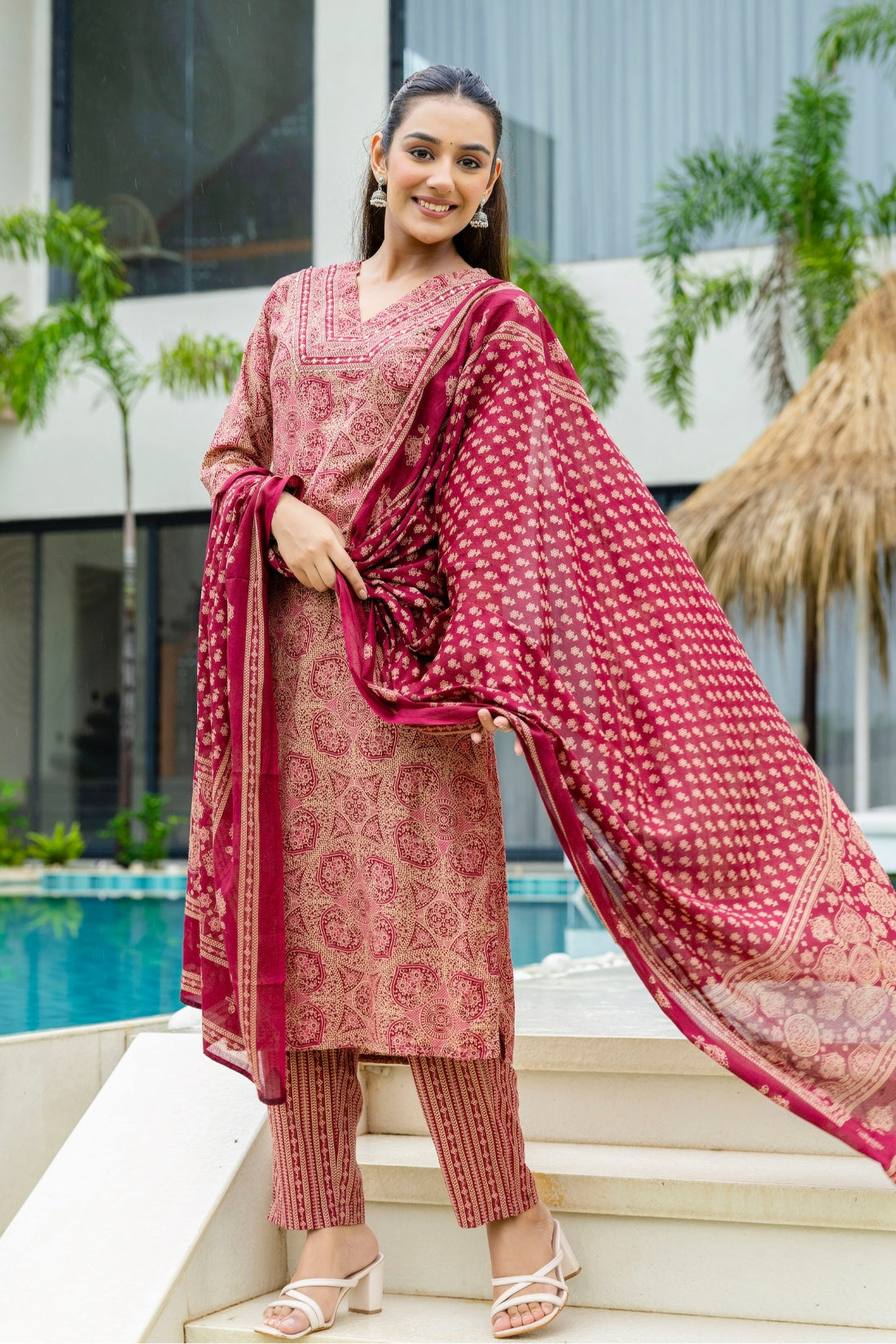 Maroon Ajrakh Print V-neck Cotton Kurta Set with Trousers and Dupatta