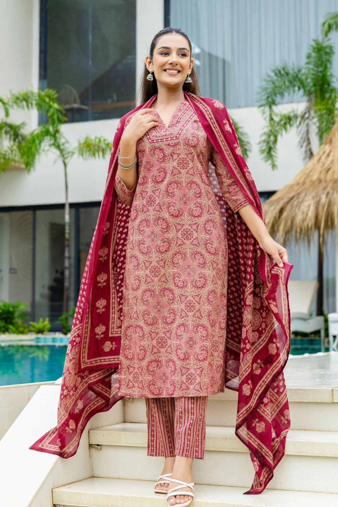 Maroon Ajrakh Print V-neck Cotton Kurta Set with Trousers and Dupatta