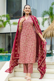 Maroon Ajrakh Print V-neck Cotton Kurta Set with Trousers and Dupatta