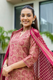 Maroon Ajrakh Print V-neck Cotton Kurta Set with Trousers and Dupatta