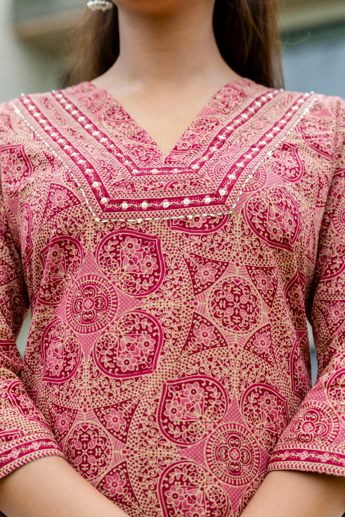 Maroon Ajrakh Print V-neck Cotton Kurta Set with Trousers and Dupatta