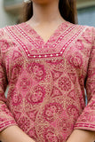 Maroon Ajrakh Print V-neck Cotton Kurta Set with Trousers and Dupatta