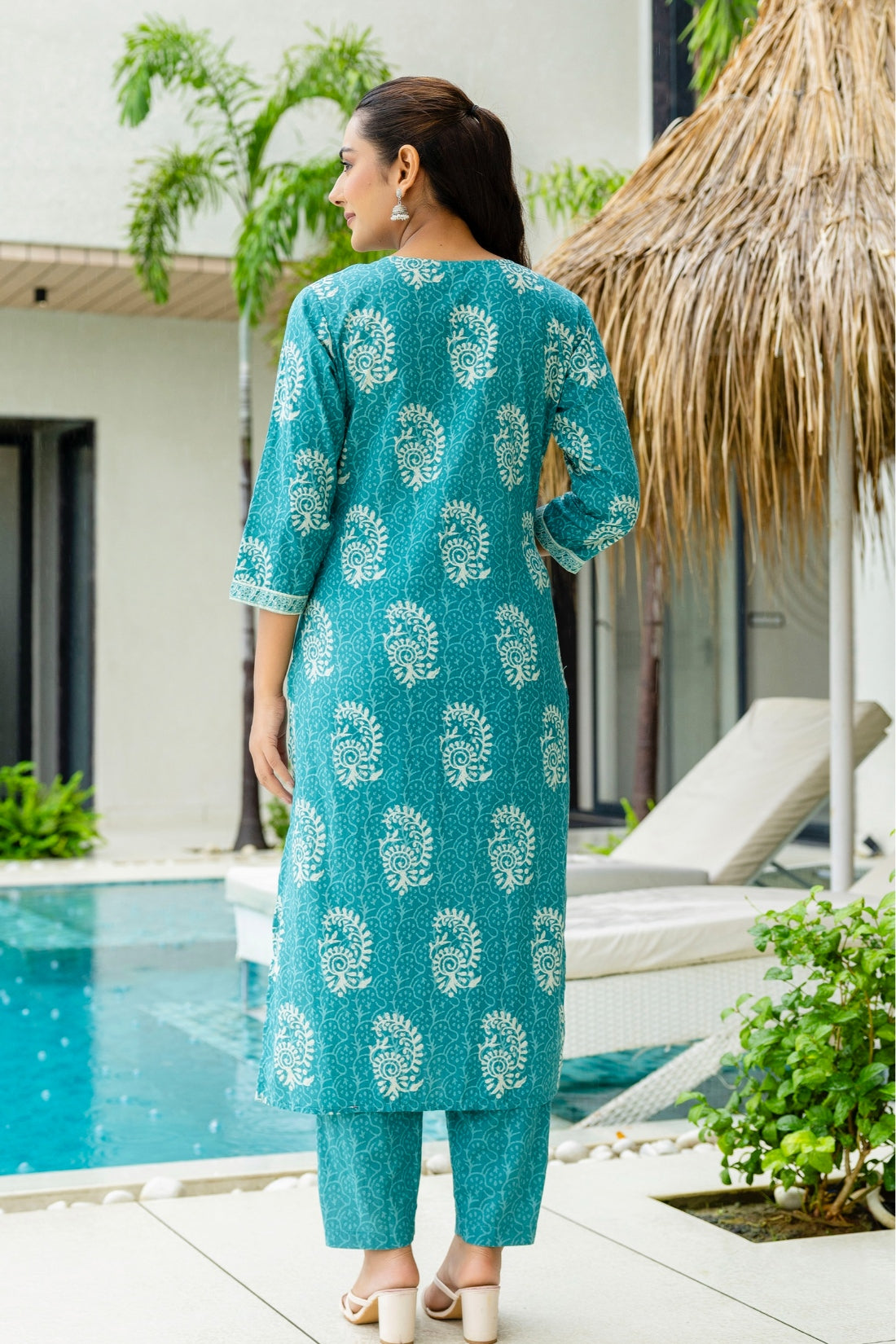 Teal Batik Print Cotton Kurta set with Trouers and Dupatta