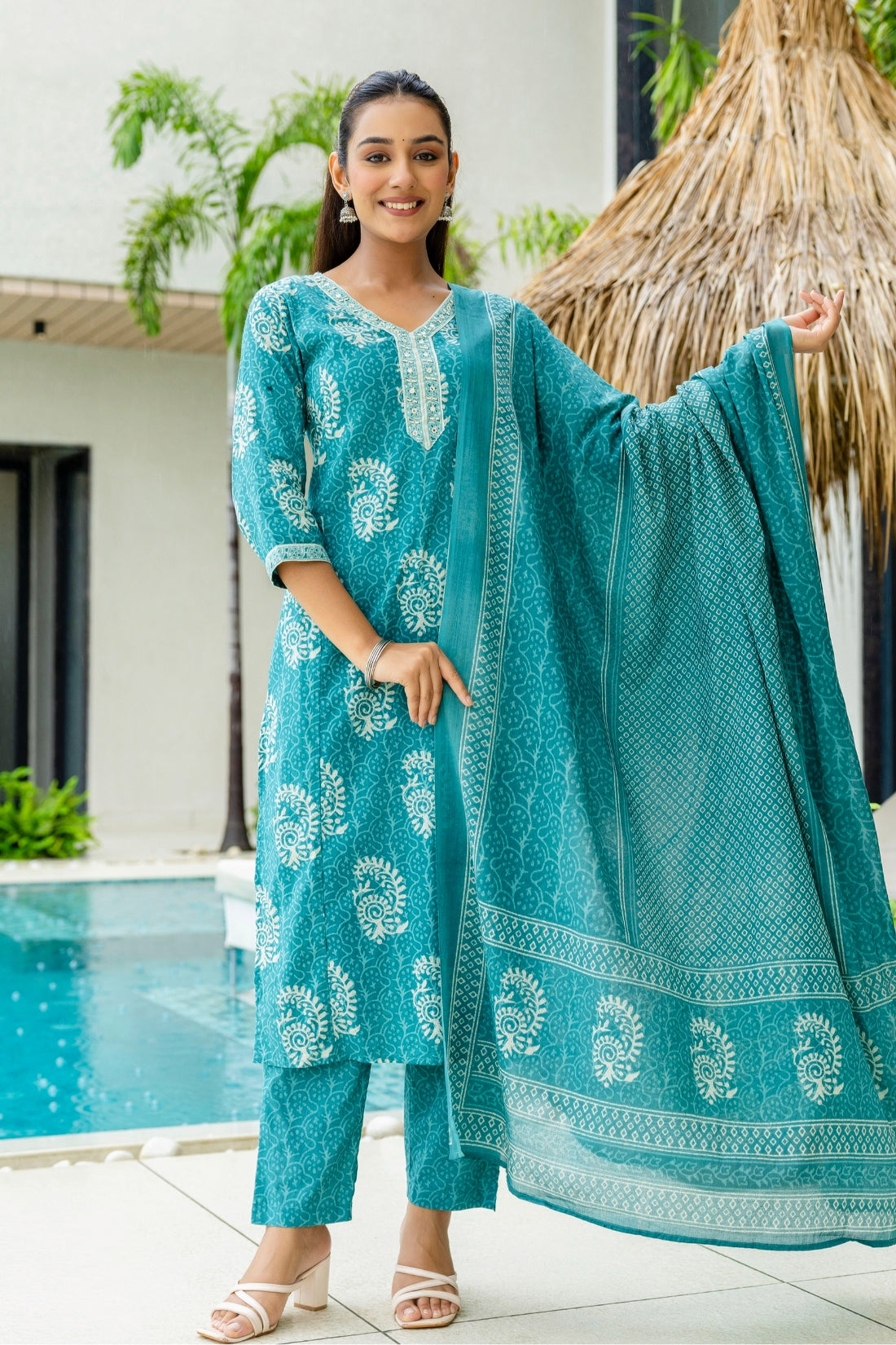 Teal Batik Print Cotton Kurta set with Trouers and Dupatta