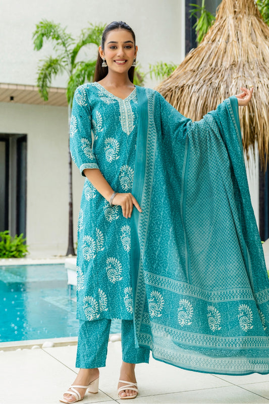 Teal Batik Print Cotton Kurta set with Trouers and Dupatta