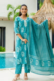 Teal Batik Print Cotton Kurta set with Trouers and Dupatta