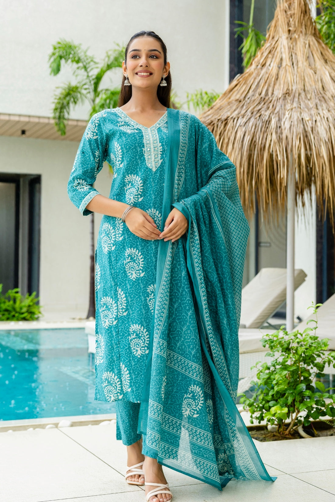 Teal Batik Print Cotton Kurta set with Trouers and Dupatta