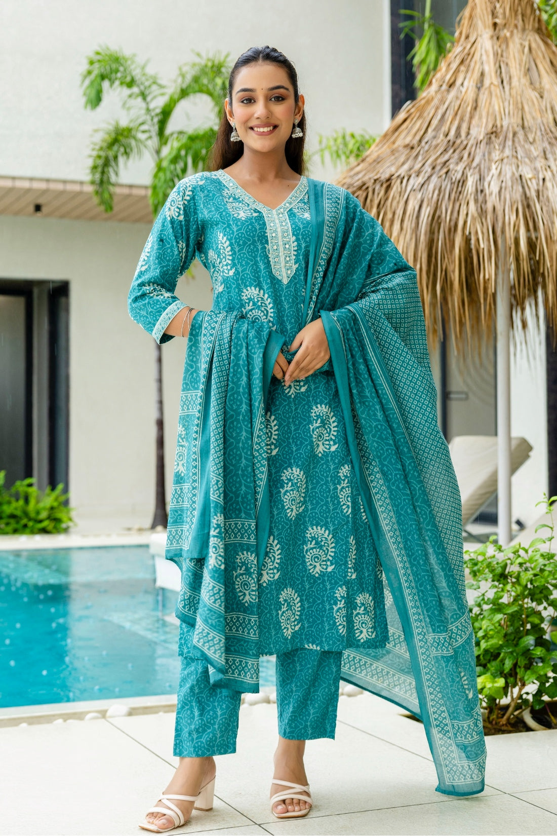 Teal Batik Print Cotton Kurta set with Trouers and Dupatta