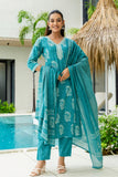 Teal Batik Print Cotton Kurta set with Trouers and Dupatta
