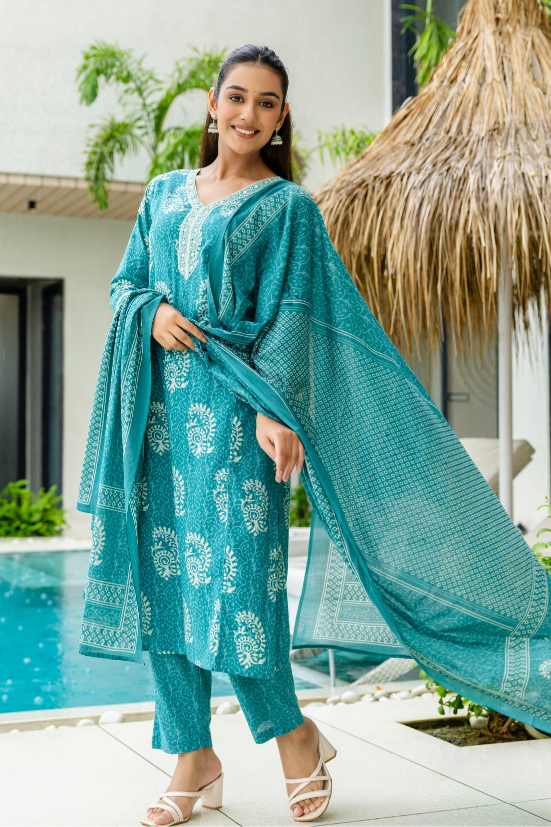 Teal Batik Print Cotton Kurta set with Trouers and Dupatta