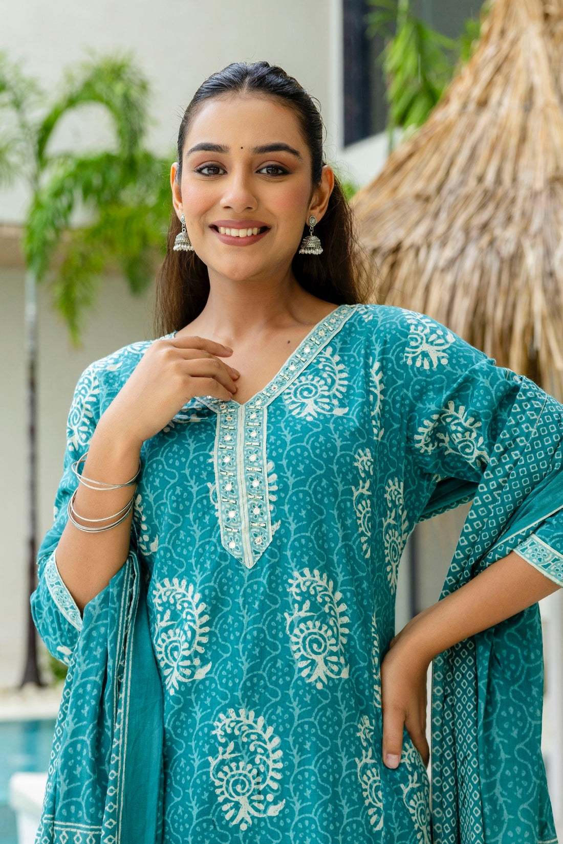 Teal Batik Print Cotton Kurta set with Trouers and Dupatta