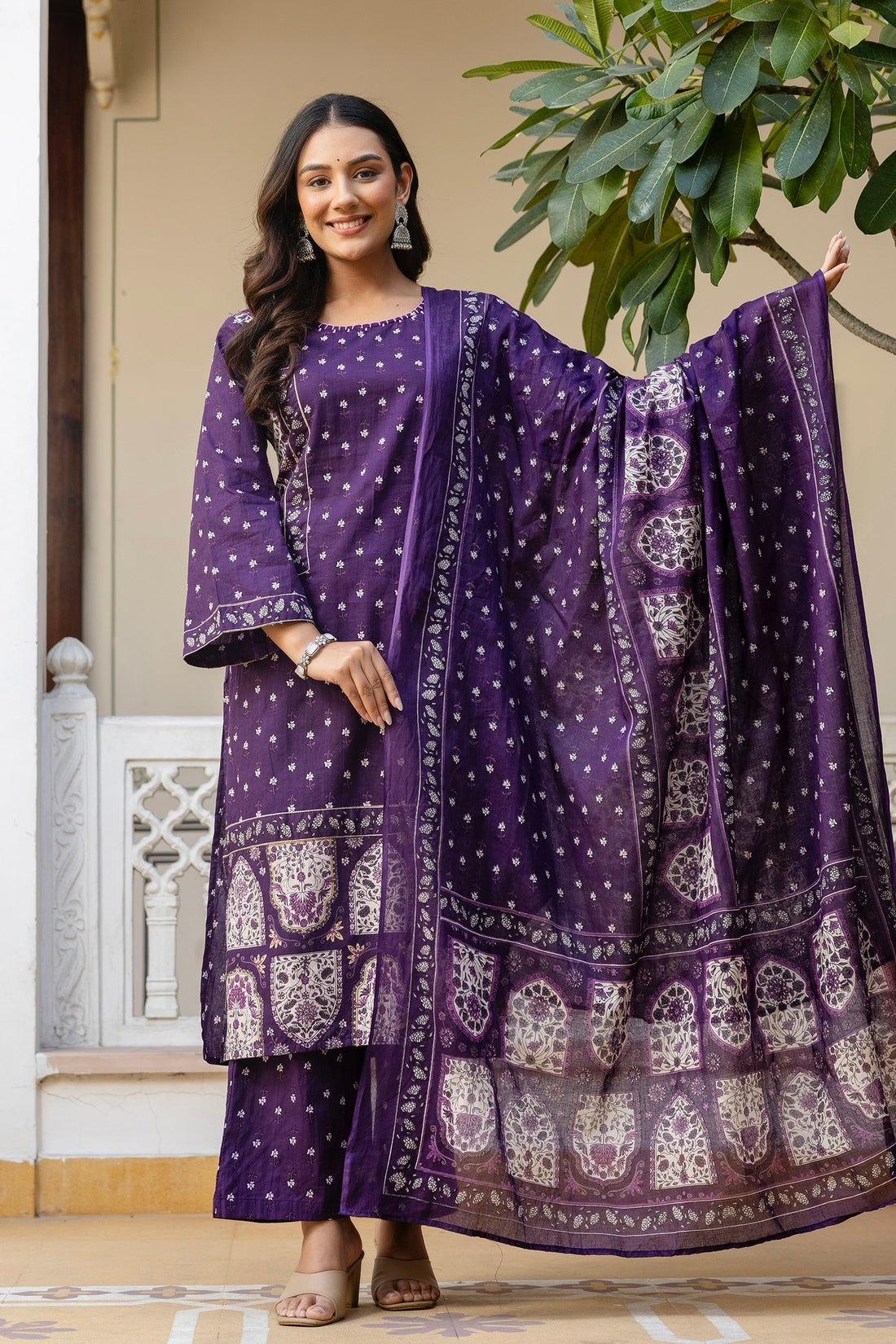 Purple Pakistani Kurta Set with Palazzo and Dupatta