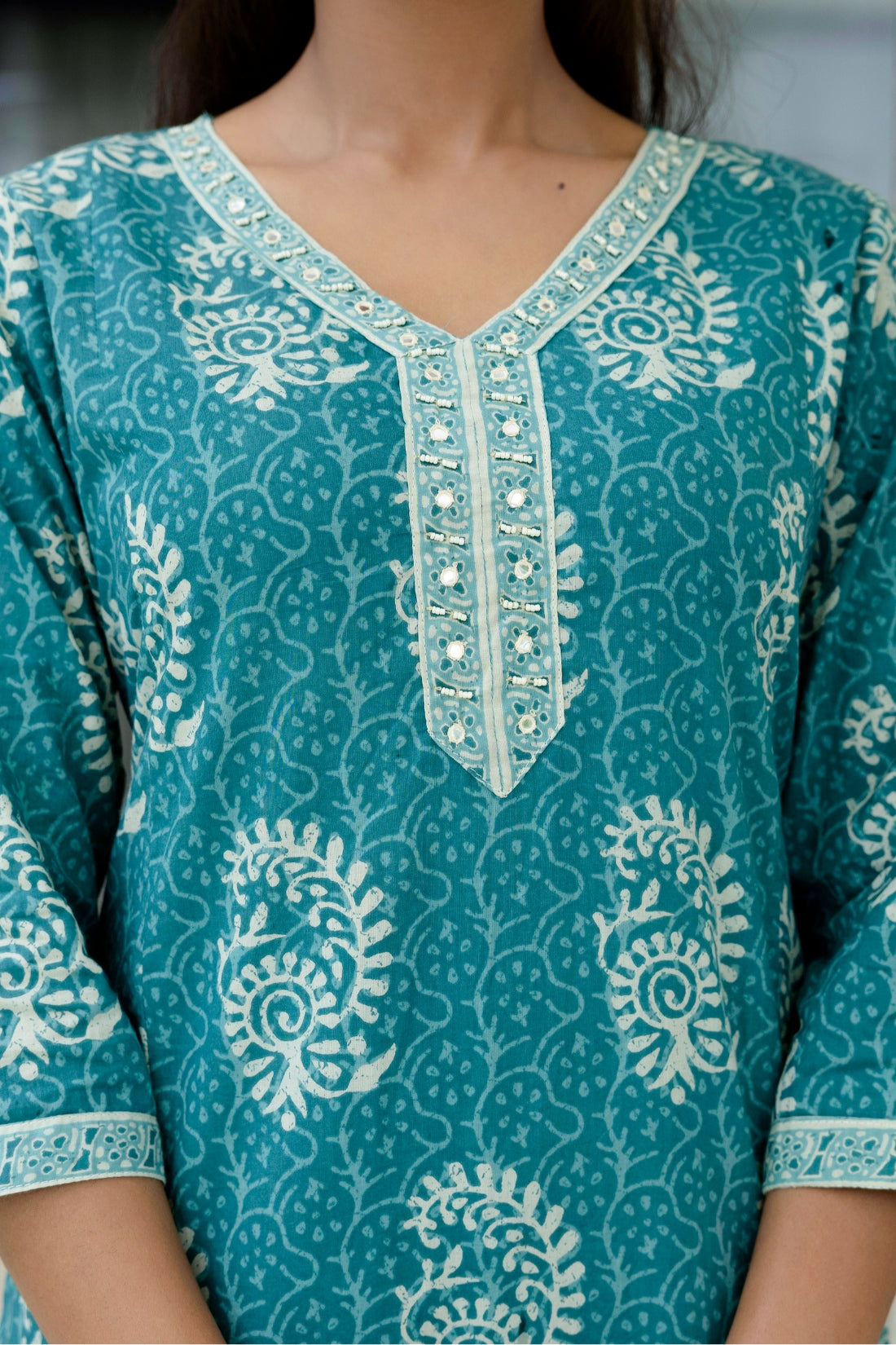 Teal Batik Print Cotton Kurta set with Trouers and Dupatta