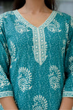 Teal Batik Print Cotton Kurta set with Trouers and Dupatta