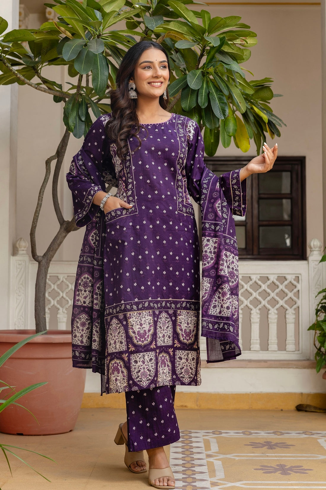 Purple Pakistani Kurta Set with Palazzo and Dupatta
