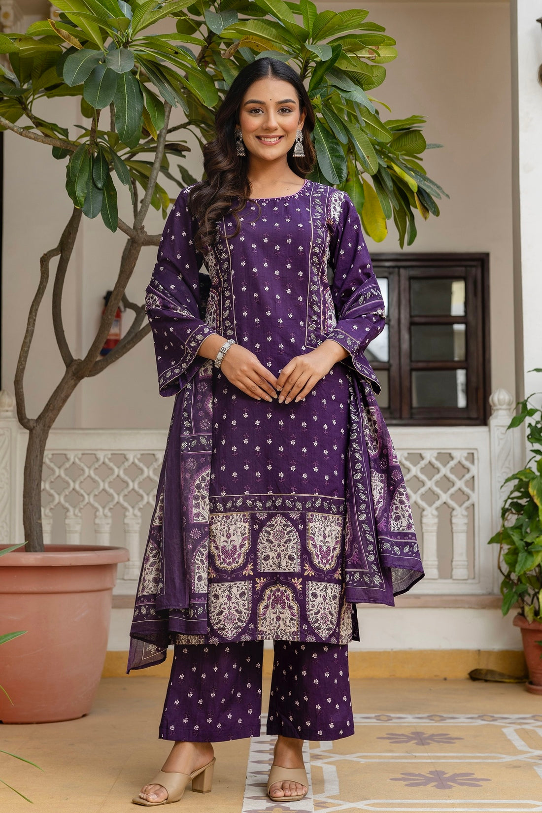 Purple Pakistani Kurta Set with Palazzo and Dupatta