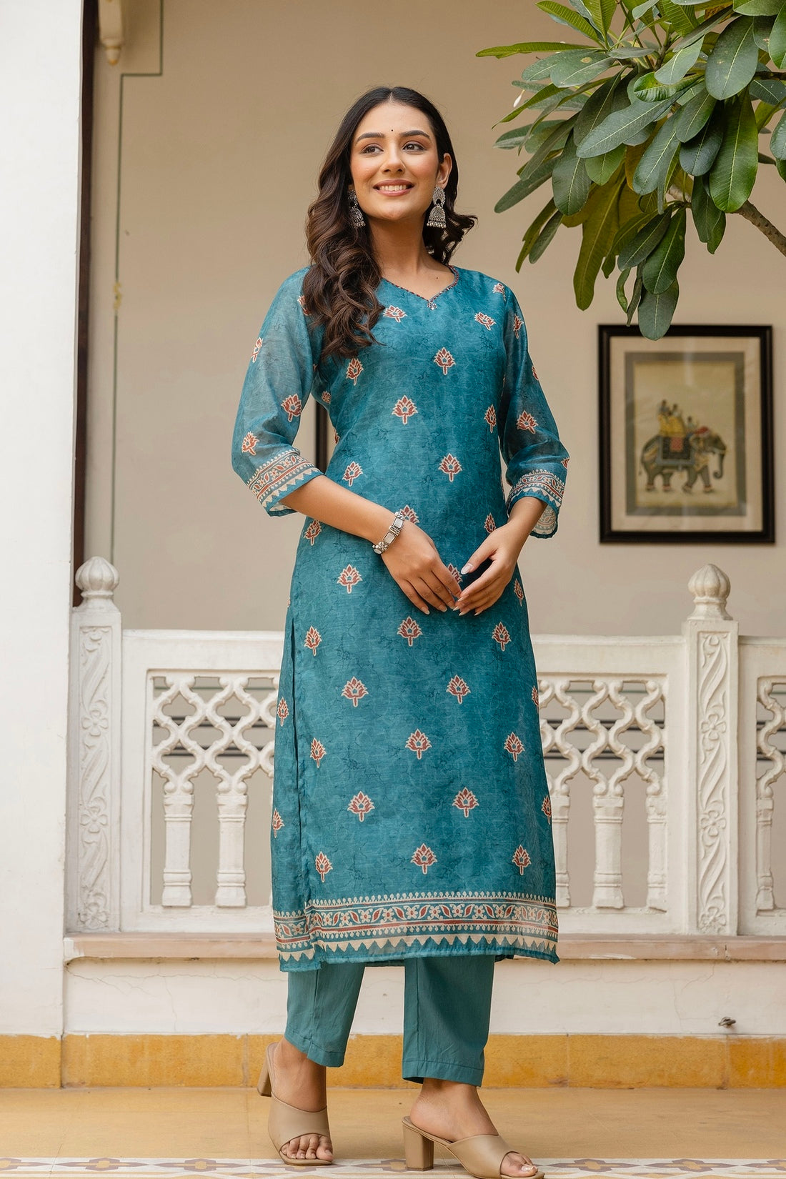 Teal Chanderi with Lining Kurta Set with Trousers and Dupatta