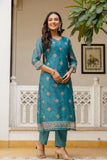Teal Chanderi with Lining Kurta Set with Trousers and Dupatta