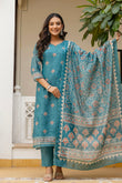 Teal Chanderi with Lining Kurta Set with Trousers and Dupatta