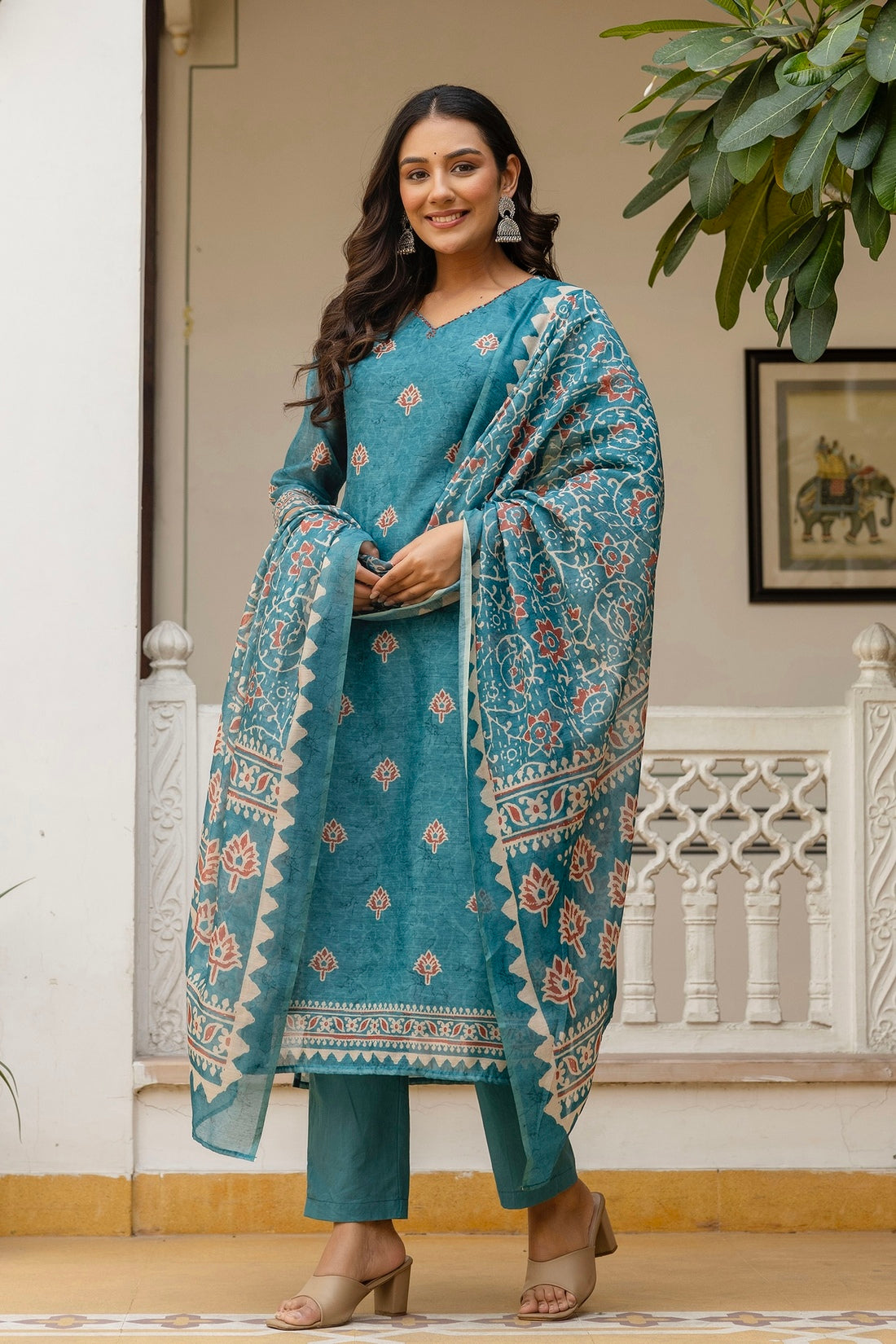 Teal Chanderi with Lining Kurta Set with Trousers and Dupatta