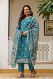 Teal Chanderi with Lining Kurta Set with Trousers and Dupatta