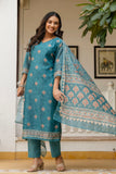 Teal Chanderi with Lining Kurta Set with Trousers and Dupatta