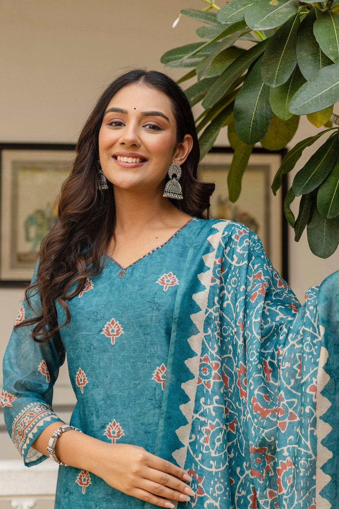 Teal Chanderi with Lining Kurta Set with Trousers and Dupatta