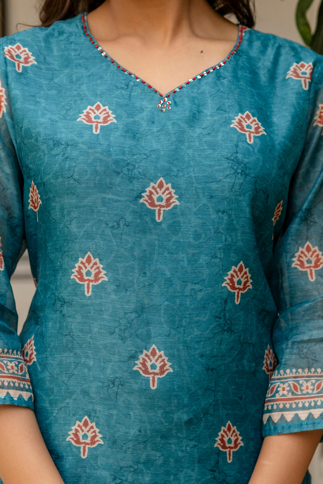 Teal Chanderi with Lining Kurta Set with Trousers and Dupatta