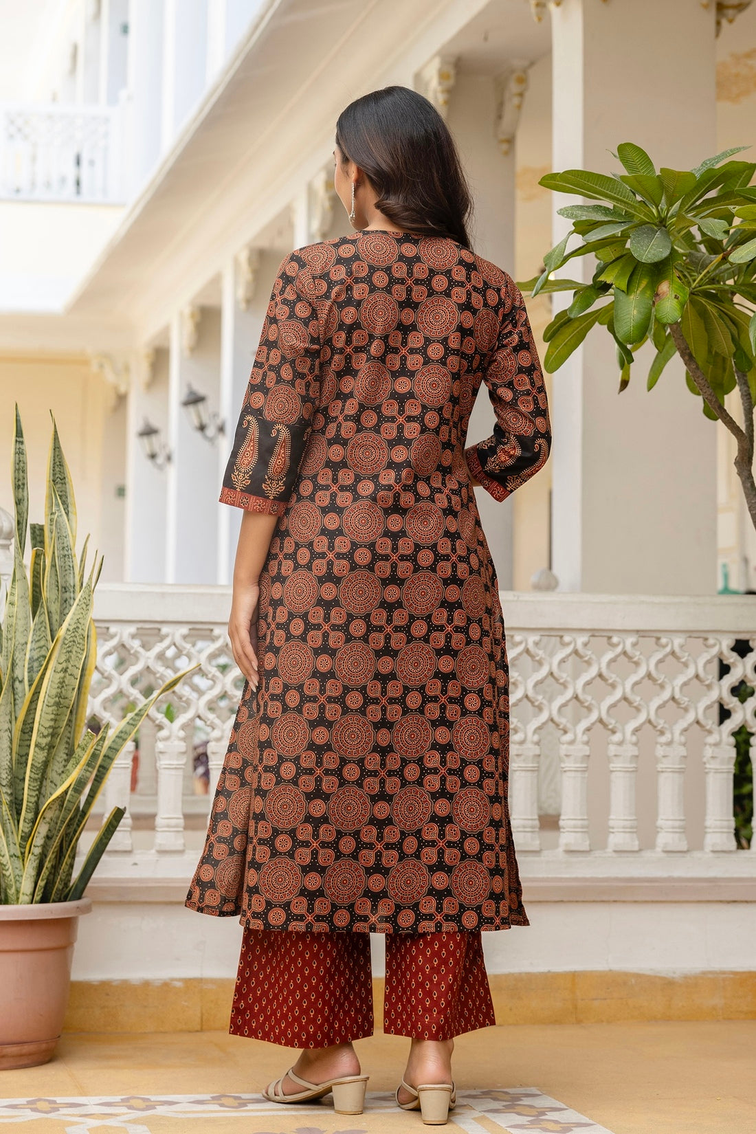 Black and Maroon Ajrakh Print A-line Suit Set with Palazzos and Dupatta