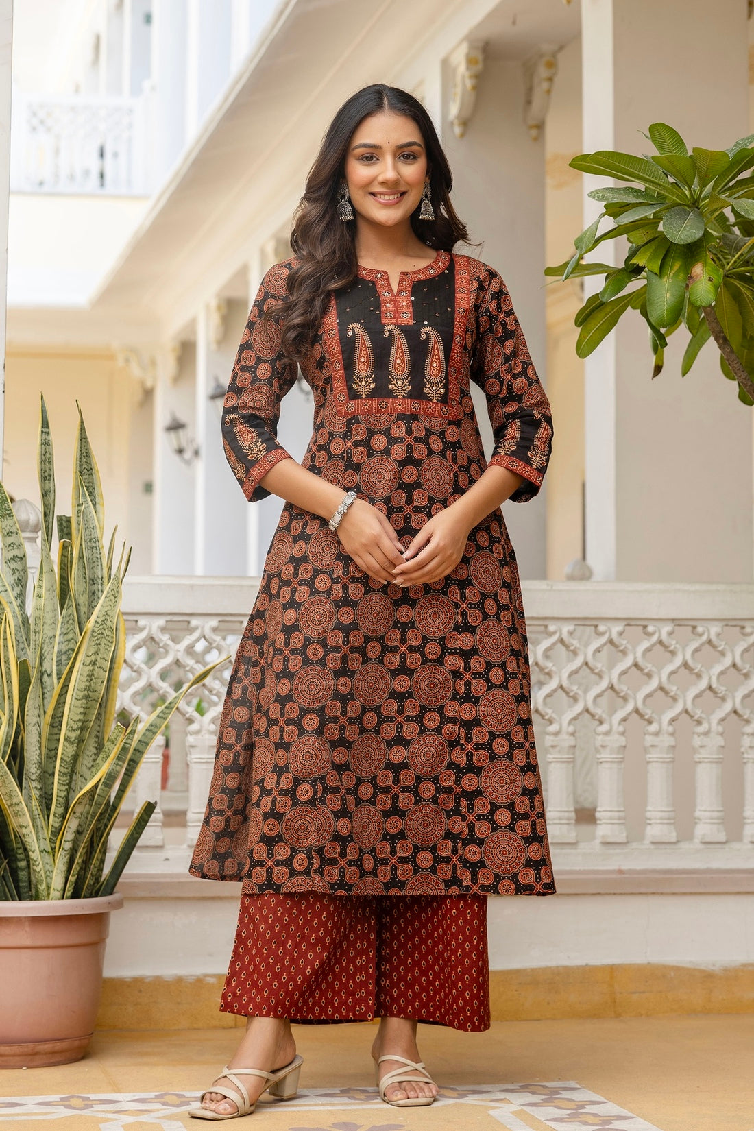 Black and Maroon Ajrakh Print A-line Suit Set with Palazzos and Dupatta