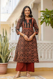 Black and Maroon Ajrakh Print A-line Suit Set with Palazzos and Dupatta