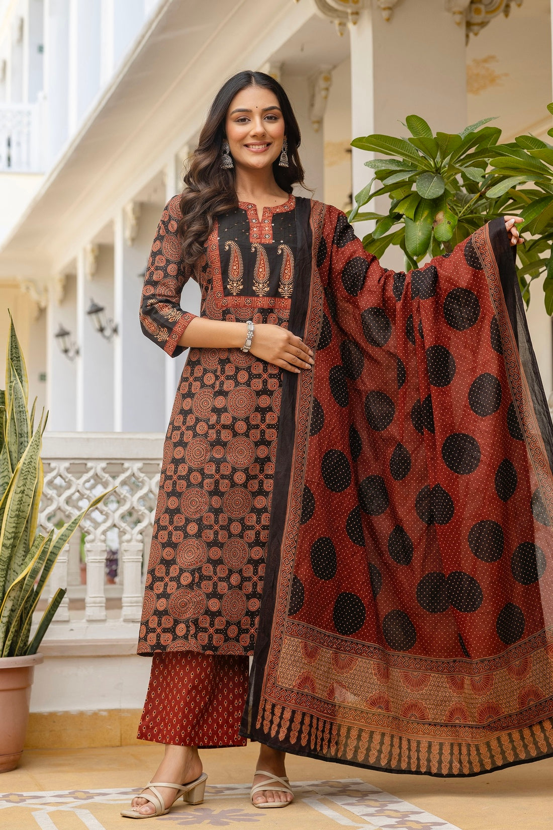 Black and Maroon Ajrakh Print A-line Suit Set with Palazzos and Dupatta