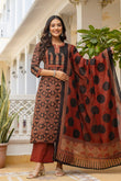 Black and Maroon Ajrakh Print A-line Suit Set with Palazzos and Dupatta