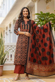 Black and Maroon Ajrakh Print A-line Suit Set with Palazzos and Dupatta