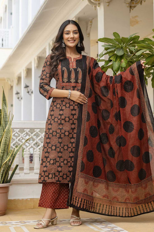 Black and Maroon Ajrakh Print A-line Suit Set with Palazzos and Dupatta