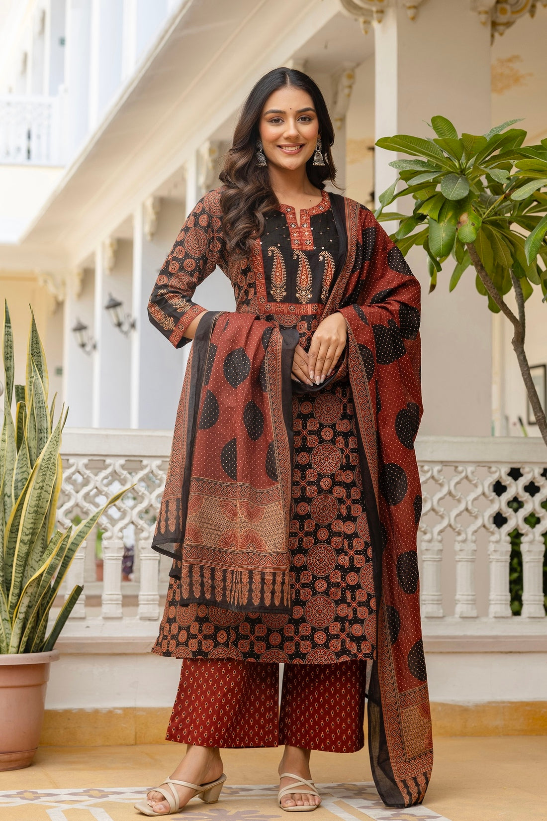 Black and Maroon Ajrakh Print A-line Suit Set with Palazzos and Dupatta