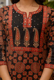 Black and Maroon Ajrakh Print A-line Suit Set with Palazzos and Dupatta