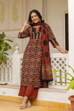 Black and Maroon Ajrakh Print A-line Suit Set with Palazzos and Dupatta