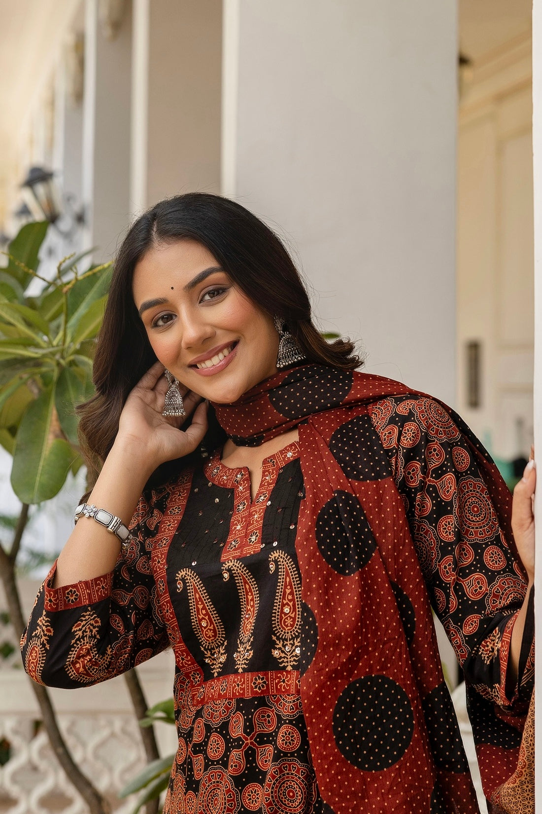 Black and Maroon Ajrakh Print A-line Suit Set with Palazzos and Dupatta
