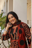 Black and Maroon Ajrakh Print A-line Suit Set with Palazzos and Dupatta