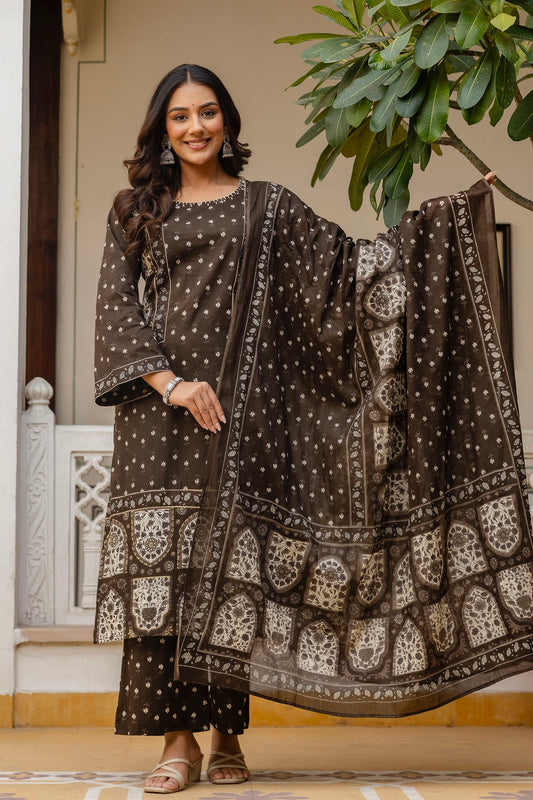 Brown Pakistani Kurta Set with Palazzo and Dupatta