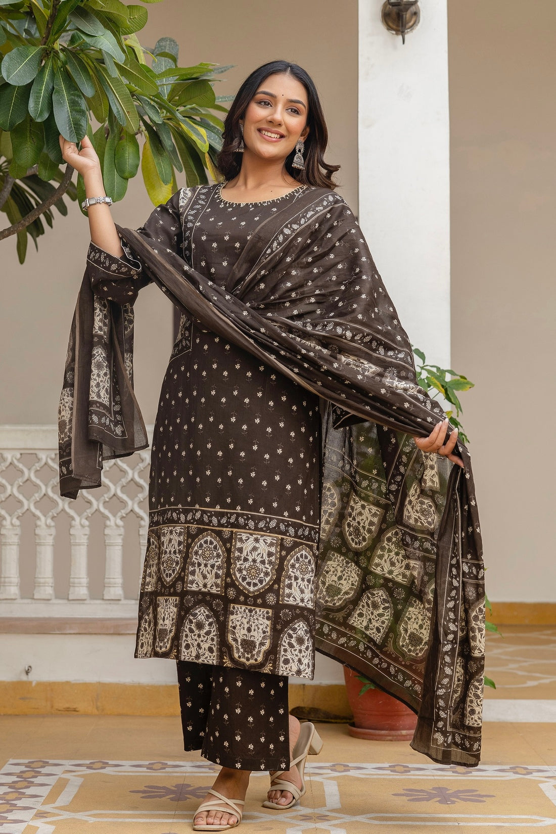 Brown Pakistani Kurta Set with Palazzo and Dupatta