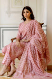 Kusha - Pink Floral Printed Cotton Kurta Set with Dupatta