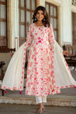 Sameera - Pink and White Cotton Floral Printed Anarkali Suit Set with Dupatta