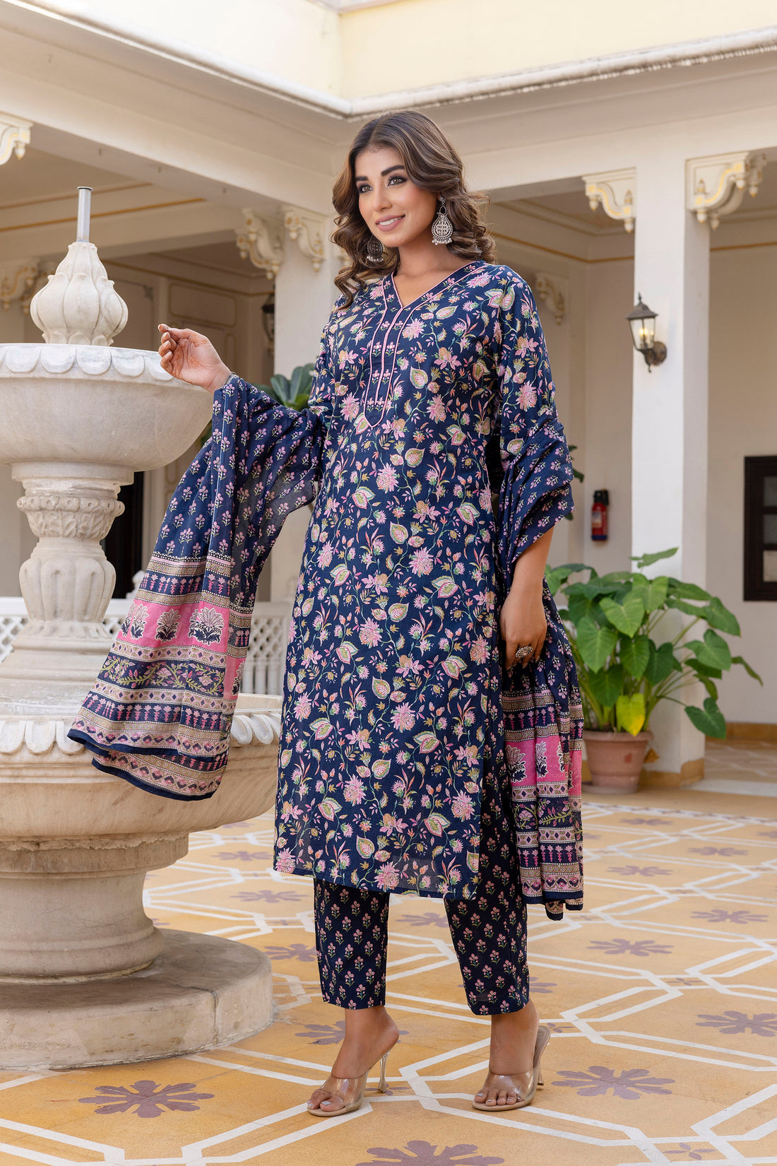 DISHA - Navy Blue Floral Cotton Kurta Set with Dupatta