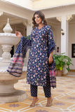 DISHA - Navy Blue Floral Cotton Kurta Set with Dupatta